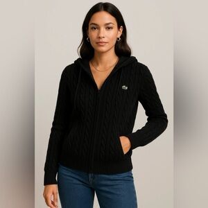 Lacoste Women’s Cable Knit Zip-Up Hoodie Cardigan, Cotton, Black, Sz 44 (=Large)